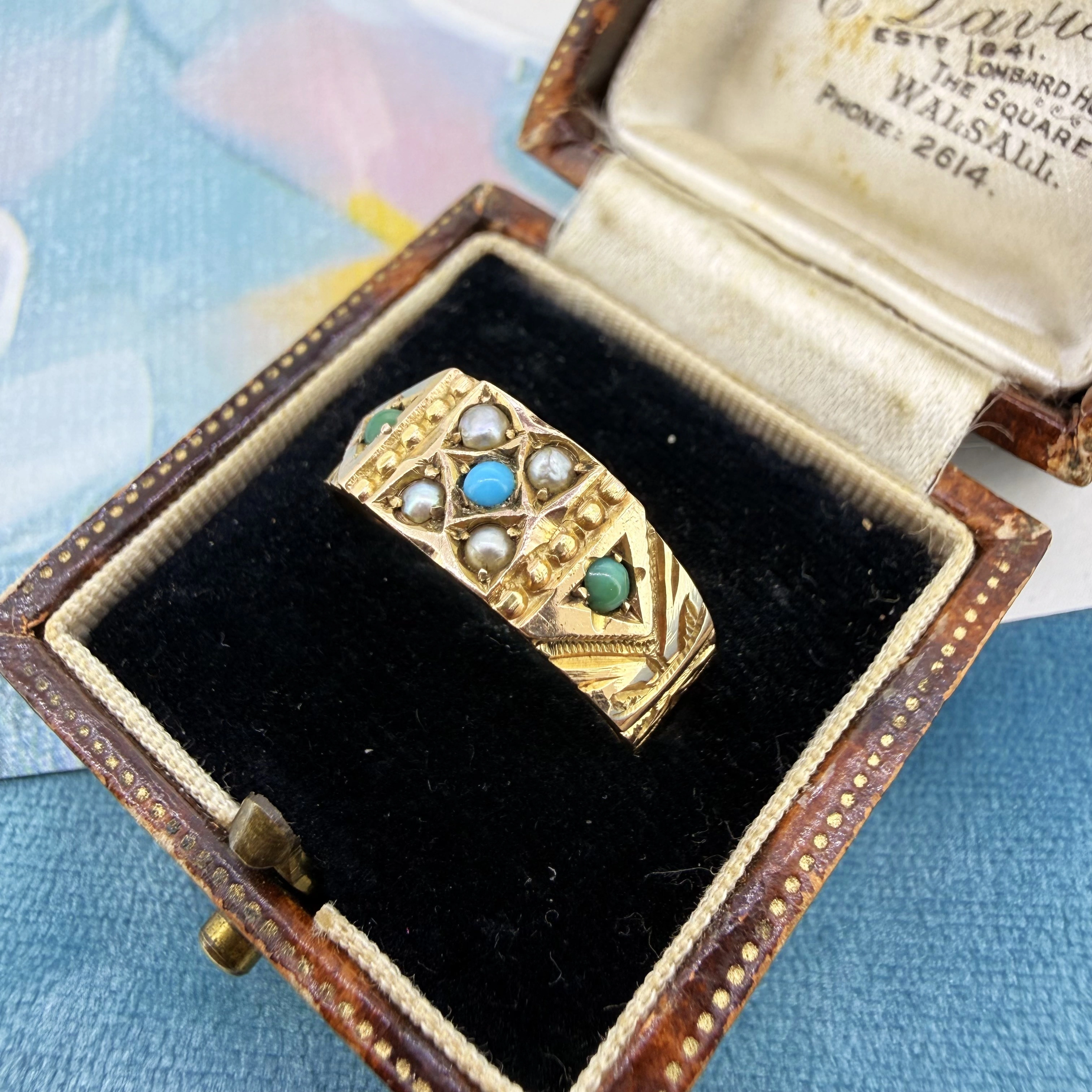 Victorian 9ct Yellow Gold Turquoise and Pearl Ring, Birmingham 1883 — image 3