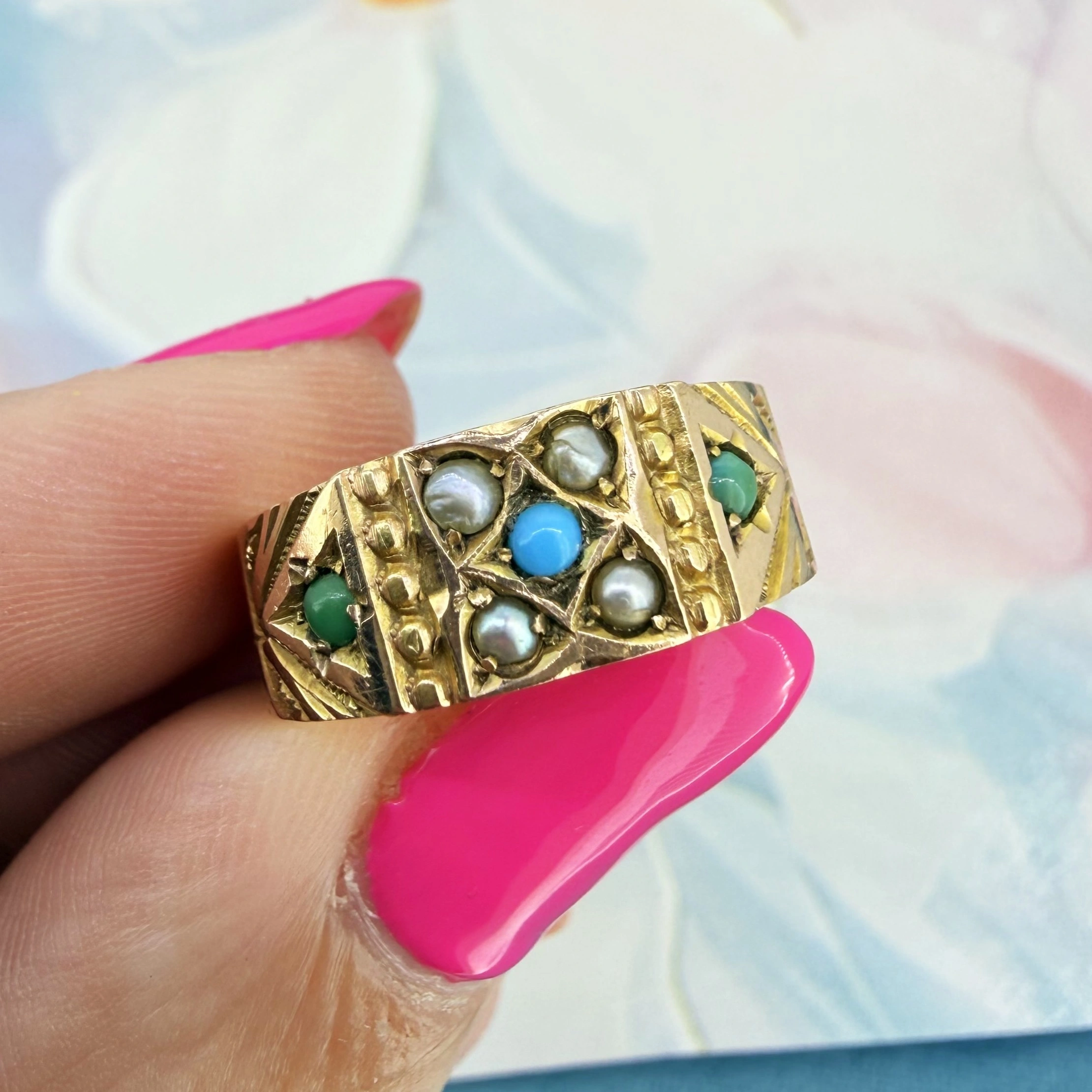 Victorian 9ct Yellow Gold Turquoise and Pearl Ring, Birmingham 1883 — image 5