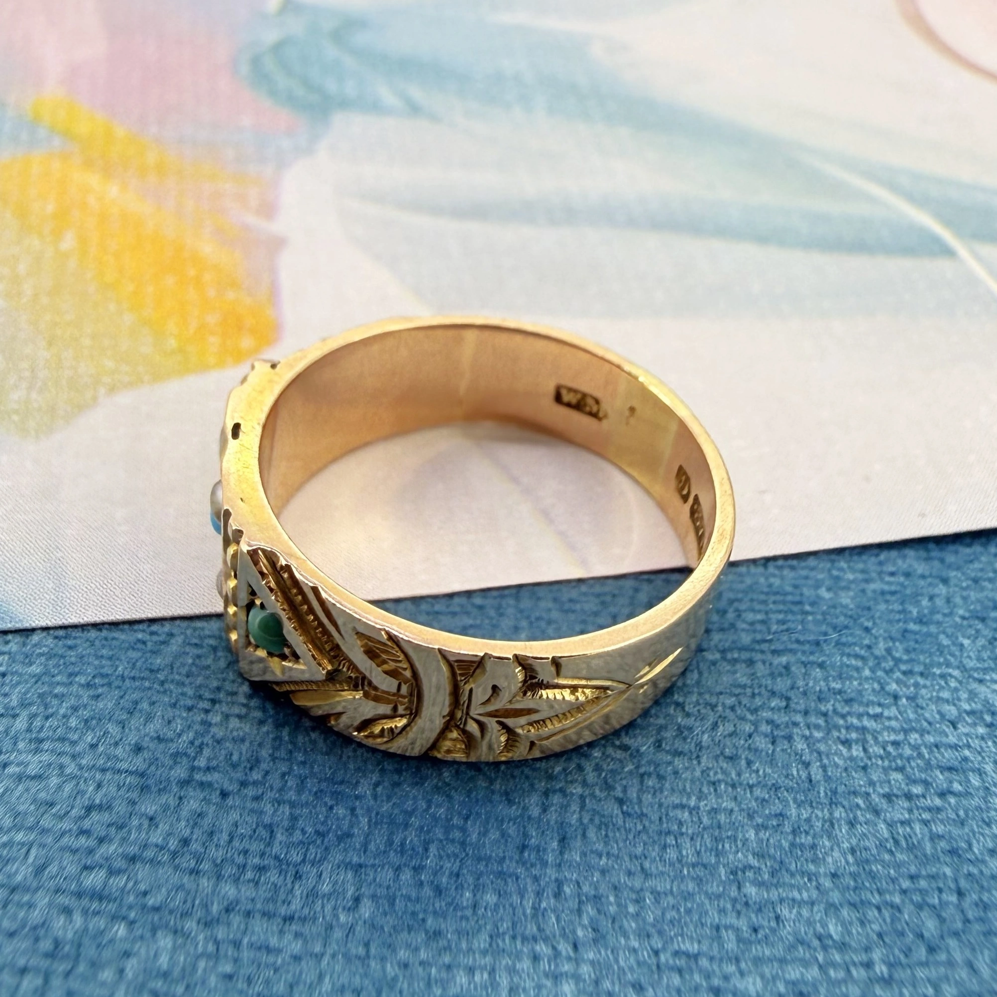 Victorian 9ct Yellow Gold Turquoise and Pearl Ring, Birmingham 1883 — image 6