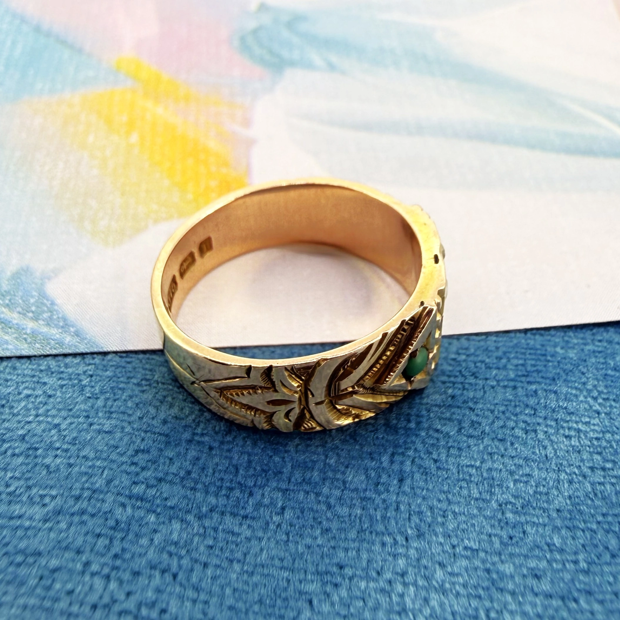 Victorian 9ct Yellow Gold Turquoise and Pearl Ring, Birmingham 1883 — image 7