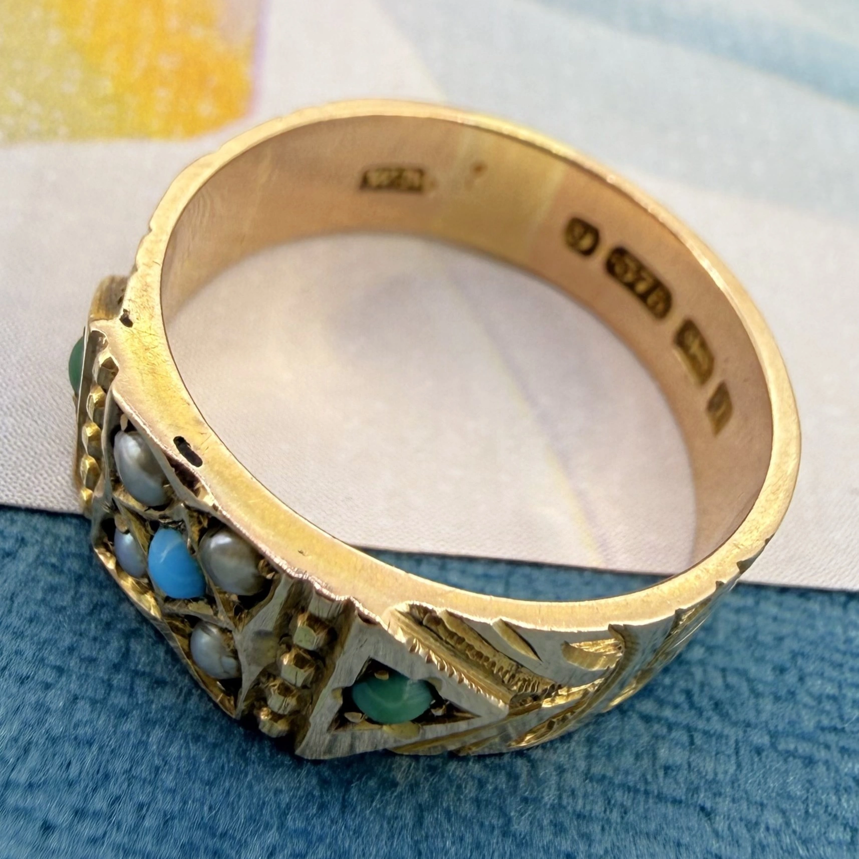 Victorian 9ct Yellow Gold Turquoise and Pearl Ring, Birmingham 1883 — image 8
