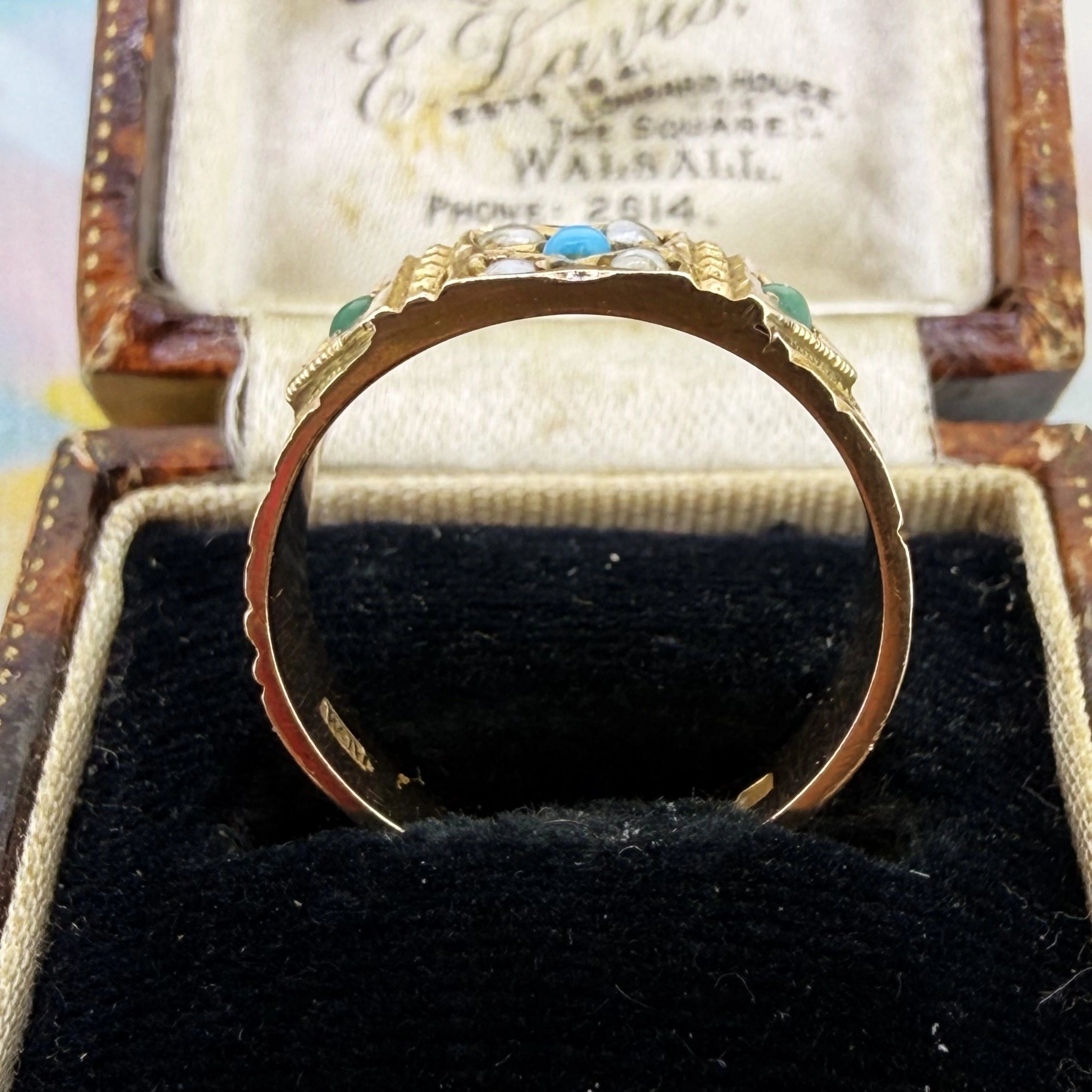 Victorian 9ct Yellow Gold Turquoise and Pearl Ring, Birmingham 1883 — image 9