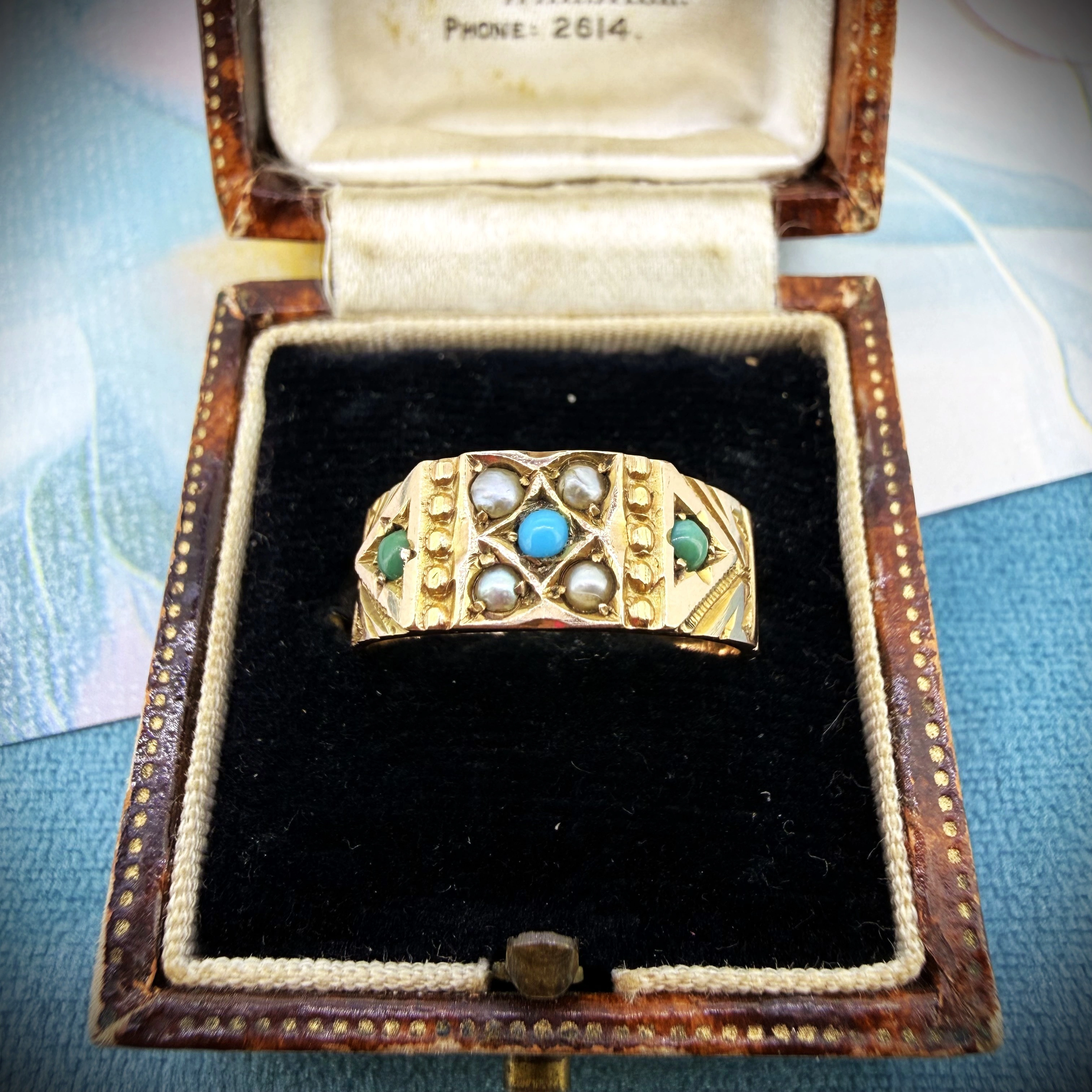 Victorian 9ct Yellow Gold Turquoise and Pearl Ring, Birmingham 1883